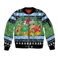 Micronesia Christmas Sleeve Zip Bomber Jacket with Santa Turtle Coral Reef and Holiday Ocean Pattern TS04 Unisex Black Green - Polynesian Pride