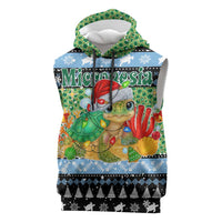 Micronesia Christmas Sleeveless Hoodie with Santa Turtle Coral Reef and Holiday Ocean Pattern - Polynesian Pride