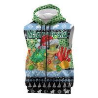 Micronesia Christmas Sleeveless Zip Hoodie with Santa Turtle Coral Reef and Holiday Ocean Pattern TS04 Black Green - Polynesian Pride
