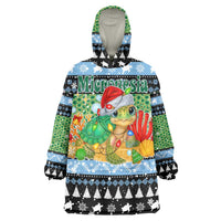 Micronesia Christmas Wearable Blanket Hoodie with Santa Turtle Coral Reef and Holiday Ocean Pattern TS04 One Size Black Green - Polynesian Pride