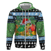 Micronesia Christmas Zip Hoodie with Santa Turtle Coral Reef and Holiday Ocean Pattern TS04 Zip Hoodie Black Green - Polynesian Pride