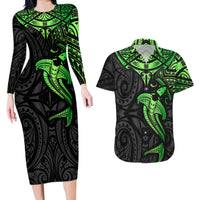 Polynesian Couples Matching Long Sleeve Bodycon Dress and Hawaiian Shirt Hammerhead Shark Tribal Pattern Black Green Version TS04 Black Green - Polynesian Pride