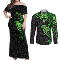 Polynesian Couples Matching Off Shoulder Maxi Dress and Long Sleeve Button Shirts Hammerhead Shark Tribal Pattern Black Green Version TS04 Black Green - Polynesian Pride