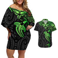 Polynesian Couples Matching Off Shoulder Short Dress and Hawaiian Shirt Hammerhead Shark Tribal Pattern Black Green Version TS04 Black Green - Polynesian Pride