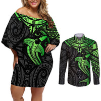 Polynesian Couples Matching Off Shoulder Short Dress and Long Sleeve Button Shirts Hammerhead Shark Tribal Pattern Black Green Version TS04 Black Green - Polynesian Pride