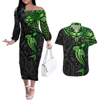 Polynesian Couples Matching Off The Shoulder Long Sleeve Dress and Hawaiian Shirt Hammerhead Shark Tribal Pattern Black Green Version TS04 Black Green - Polynesian Pride