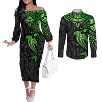 Polynesian Couples Matching Off The Shoulder Long Sleeve Dress and Long Sleeve Button Shirts Hammerhead Shark Tribal Pattern Black Green Version TS04 Black Green - Polynesian Pride