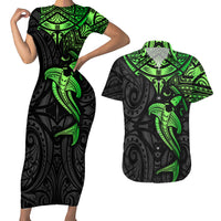 Polynesian Couples Matching Short Sleeve Bodycon Dress and Hawaiian Shirt Hammerhead Shark Tribal Pattern Black Green Version TS04 Black Green - Polynesian Pride