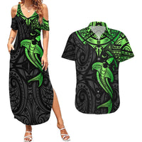 Polynesian Couples Matching Summer Maxi Dress and Hawaiian Shirt Hammerhead Shark Tribal Pattern Black Green Version TS04 Black Green - Polynesian Pride