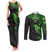 Polynesian Couples Matching Tank Maxi Dress and Long Sleeve Button Shirts Hammerhead Shark Tribal Pattern Black Green Version TS04 Black Green - Polynesian Pride