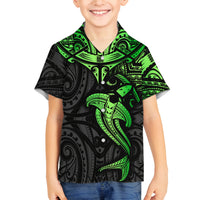 Polynesian Family Matching Tank Maxi Dress and Hawaiian Shirt Hammerhead Shark Tribal Pattern Black Green Version TS04 Son's Shirt Black Green - Polynesian Pride