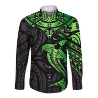 Polynesian Long Sleeve Button Shirt Hammerhead Shark Tribal Pattern Black Green Version TS04 Unisex Black/Green - Polynesian Pride