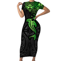 Polynesian Short Sleeve Bodycon Dress Hammerhead Shark Tribal Pattern Black Green Version TS04 Long Dress Black/Green - Polynesian Pride
