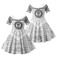 Aiga Samoa Raised Fist Family Matching Off Shoulder Short Dress and Hawaiian Shirt Polynesian Tribal Tattoo Art Family Pride TS04 Daughter's Dress White Black - Polynesian Pride