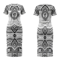 Aiga Samoa Raised Fist Family Matching Short Sleeve Bodycon Dress and Hawaiian Shirt Polynesian Tribal Tattoo Art Family Pride TS04 Mom's Dress White Black - Polynesian Pride