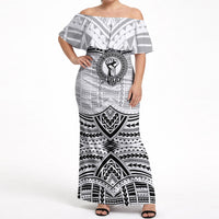 Aiga Samoa Raised Fist Off Shoulder Maxi Dress Polynesian Tribal Tattoo Art Family Pride TS04 Women White Black - Polynesian Pride