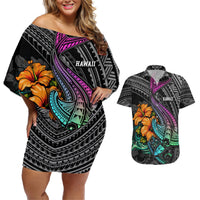 Hawaii Polynesian Couples Matching Off Shoulder Short Dress and Hawaiian Shirt with Tribal Hammerhead Sharks and Hibiscus Black TS04 Black - Polynesian Pride