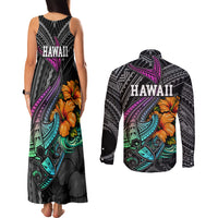 Hawaii Polynesian Couples Matching Tank Maxi Dress and Long Sleeve Button Shirt with Tribal Hammerhead Sharks and Hibiscus Black TS04 - Polynesian Pride