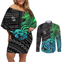 Zodiac Cancer Couples Matching Off Shoulder Short Dress and Long Sleeve Button Shirts Polynesian in Gradient Blue TS04 Gradient Blue - Polynesian Pride
