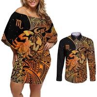 Zodiac Scorpio Couples Matching Off Shoulder Short Dress and Long Sleeve Button Shirts Polynesian in Orange TS04 Orange - Polynesian Pride
