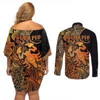 Zodiac Scorpio Couples Matching Off Shoulder Short Dress and Long Sleeve Button Shirts Polynesian in Orange TS04 - Polynesian Pride