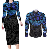 Polynesian Ray Pattern Couples Matching Long Sleeve Bodycon Dress and Long Sleeve Button Shirt TS04 Black Blue - Polynesian Pride