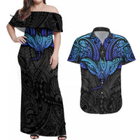 Polynesian Ray Pattern Couples Matching Off Shoulder Maxi Dress and Hawaiian Shirt TS04 Black Blue - Polynesian Pride