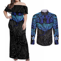 Polynesian Ray Pattern Couples Matching Off Shoulder Maxi Dress and Long Sleeve Button Shirt TS04 Black Blue - Polynesian Pride