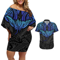 Polynesian Ray Pattern Couples Matching Off Shoulder Short Dress and Hawaiian Shirt TS04 Black Blue - Polynesian Pride