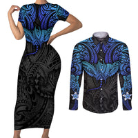 Polynesian Ray Pattern Couples Matching Short Sleeve Bodycon Dress and Long Sleeve Button Shirt TS04 Black Blue - Polynesian Pride