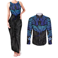Polynesian Ray Pattern Couples Matching Tank Maxi Dress and Long Sleeve Button Shirt TS04 Black Blue - Polynesian Pride