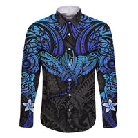 Polynesian Ray Pattern Family Matching Off Shoulder Short Dress and Hawaiian Shirt TS04 Dad's Shirt - Long Sleeve Black Blue - Polynesian Pride