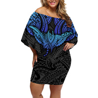 Polynesian Ray Pattern Family Matching Off Shoulder Short Dress and Hawaiian Shirt TS04 Mom's Dress Black Blue - Polynesian Pride