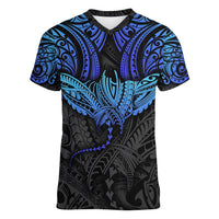 Polynesian Ray Pattern Women V Neck T Shirt TS04 Female Black/Blue - Polynesian Pride