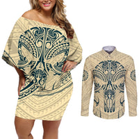 Polynesian Couples Matching Off Shoulder Short Dress and Long Sleeve Button Shirts Warrior Skull with Tribal Patterns Tattoo Design TS04 Yellow - Polynesian Pride