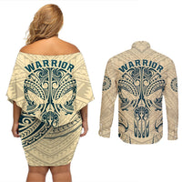 Polynesian Couples Matching Off Shoulder Short Dress and Long Sleeve Button Shirts Warrior Skull with Tribal Patterns Tattoo Design TS04 - Polynesian Pride