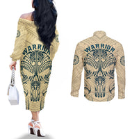 Polynesian Couples Matching Off The Shoulder Long Sleeve Dress and Long Sleeve Button Shirts Warrior Skull with Tribal Patterns Tattoo Design TS04 - Polynesian Pride