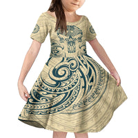 Polynesian Family Matching Off Shoulder Maxi Dress and Hawaiian Shirt Warrior Skull with Tribal Patterns Tattoo Design TS04 Daughter's Dress Yellow - Polynesian Pride