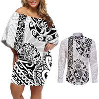 Hawaii Couples Matching Off Shoulder Short Dress and Long Sleeve Button Shirts with Polynesian Turtle TS04 Black White - Polynesian Pride