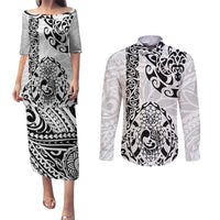 Hawaii Couples Matching Puletasi Dress and Long Sleeve Button Shirts with Polynesian Turtle TS04 Black White - Polynesian Pride