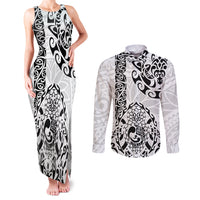 Hawaii Couples Matching Tank Maxi Dress and Long Sleeve Button Shirts with Polynesian Turtle TS04 Black White - Polynesian Pride