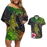 Polynesian Couples Matching Off Shoulder Short Dress and Hawaiian Shirt Whales and Compass Gradient Pattern TS04 Gradient - Polynesian Pride