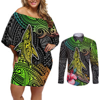 Polynesian Couples Matching Off Shoulder Short Dress and Long Sleeve Button Shirts Whales and Compass Gradient Pattern TS04 Gradient - Polynesian Pride
