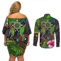 Polynesian Couples Matching Off Shoulder Short Dress and Long Sleeve Button Shirts Whales and Compass Gradient Pattern TS04 - Polynesian Pride