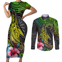 Polynesian Couples Matching Short Sleeve Bodycon Dress and Long Sleeve Button Shirts Whales and Compass Gradient Pattern TS04 Gradient - Polynesian Pride