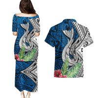Polynesian Couples Matching Puletasi Dress and Hawaiian Shirt Whale Pattern and Hibiscus Flowers TS04 - Polynesian Pride