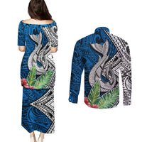 Polynesian Couples Matching Puletasi Dress and Long Sleeve Button Shirts Whale Pattern and Hibiscus Flowers TS04 - Polynesian Pride