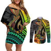 Hawaii Couples Matching Off Shoulder Short Dress and Long Sleeve Button Shirts Polynesian Fish Hook and Hibiscus Flowers with Gradient Pattern TS04 Multicolor - Polynesian Pride