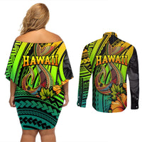 Hawaii Couples Matching Off Shoulder Short Dress and Long Sleeve Button Shirts Polynesian Fish Hook and Hibiscus Flowers with Gradient Pattern TS04 - Polynesian Pride