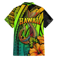 Hawaii Family Matching Off Shoulder Short Dress and Hawaiian Shirt Polynesian Fish Hook and Hibiscus Flowers with Gradient Pattern TS04 - Polynesian Pride